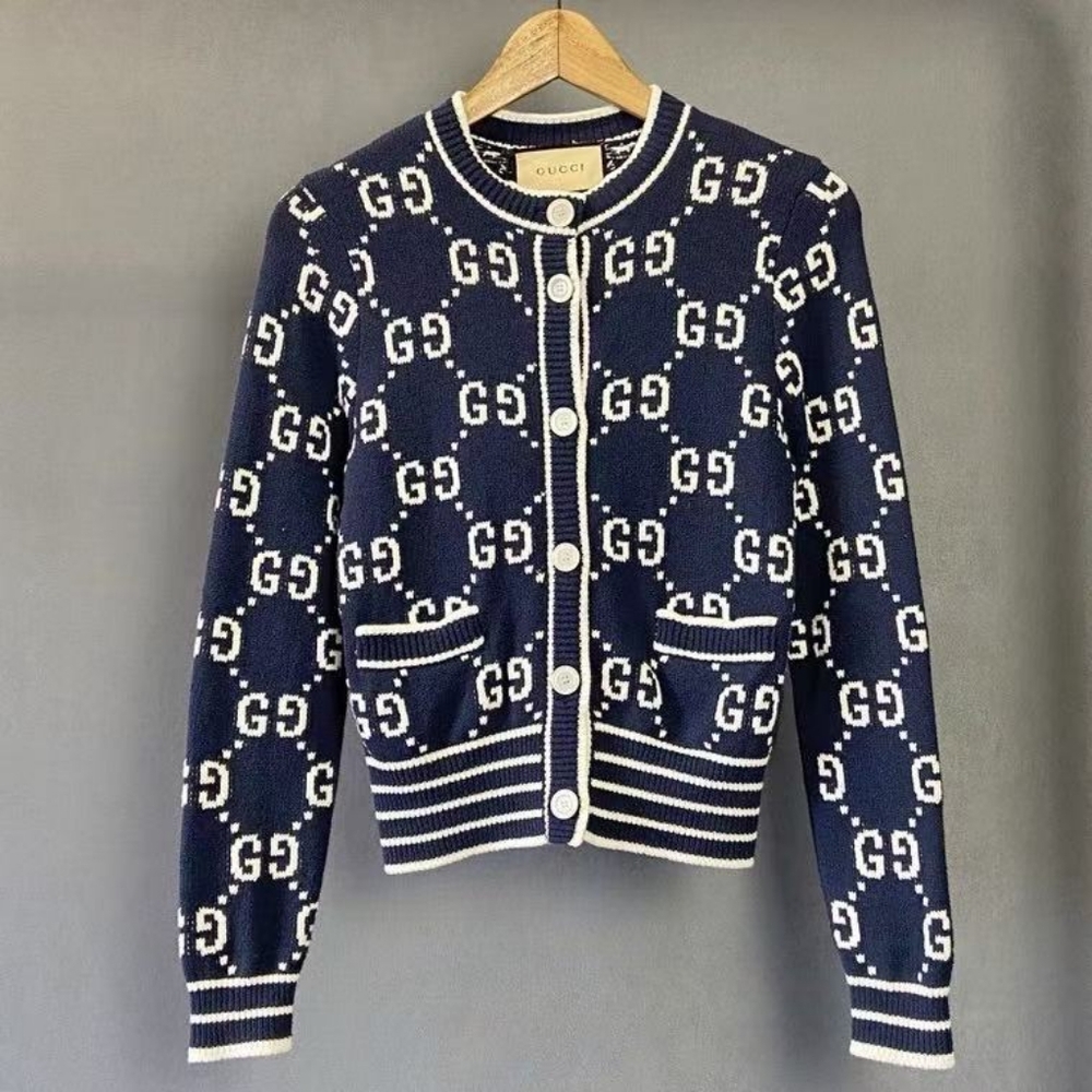 Gucci Navy Blue GG Jacquard Knit Cardigan